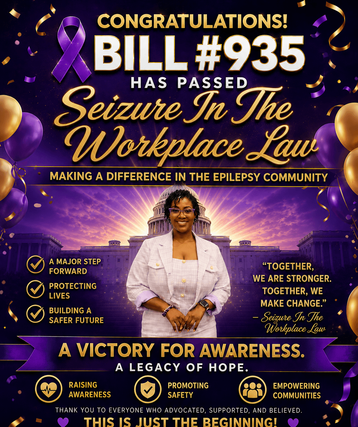Celebration graphic: Bill #935 has passed — Seizure in the Workplace Law